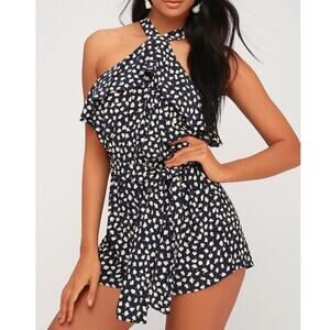 Faithfull the Brand navy blue, white & yellow floral halter sleeveless romper, 2